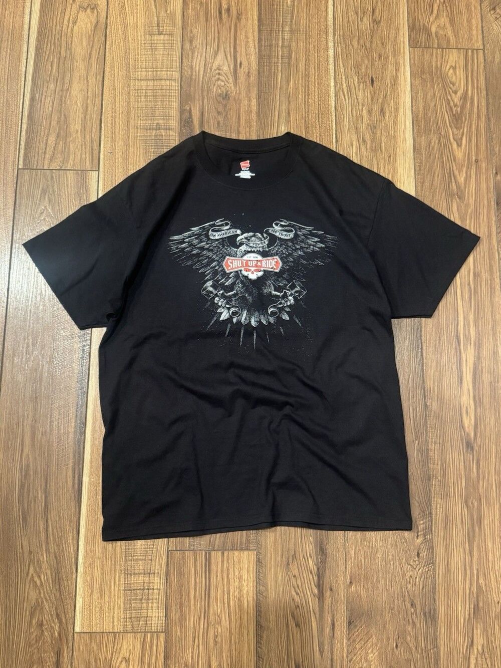 Y2K Biker SHUT UP & RIDE Skeleton Pattern Motorcycle Double Sided T-shirt Sz XL